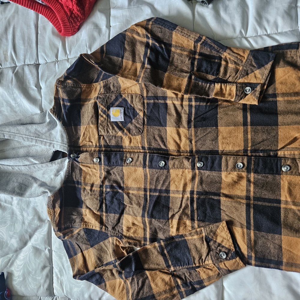 Carhartt Black and Tan Plaid Hooded Shirt